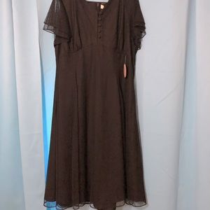 Sz 14 Unique Vintage Black dress with polka dot overlay, and flutter sleeves.